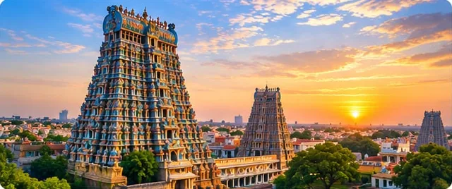 Madurai Meenakshi temple gopuram at sunset